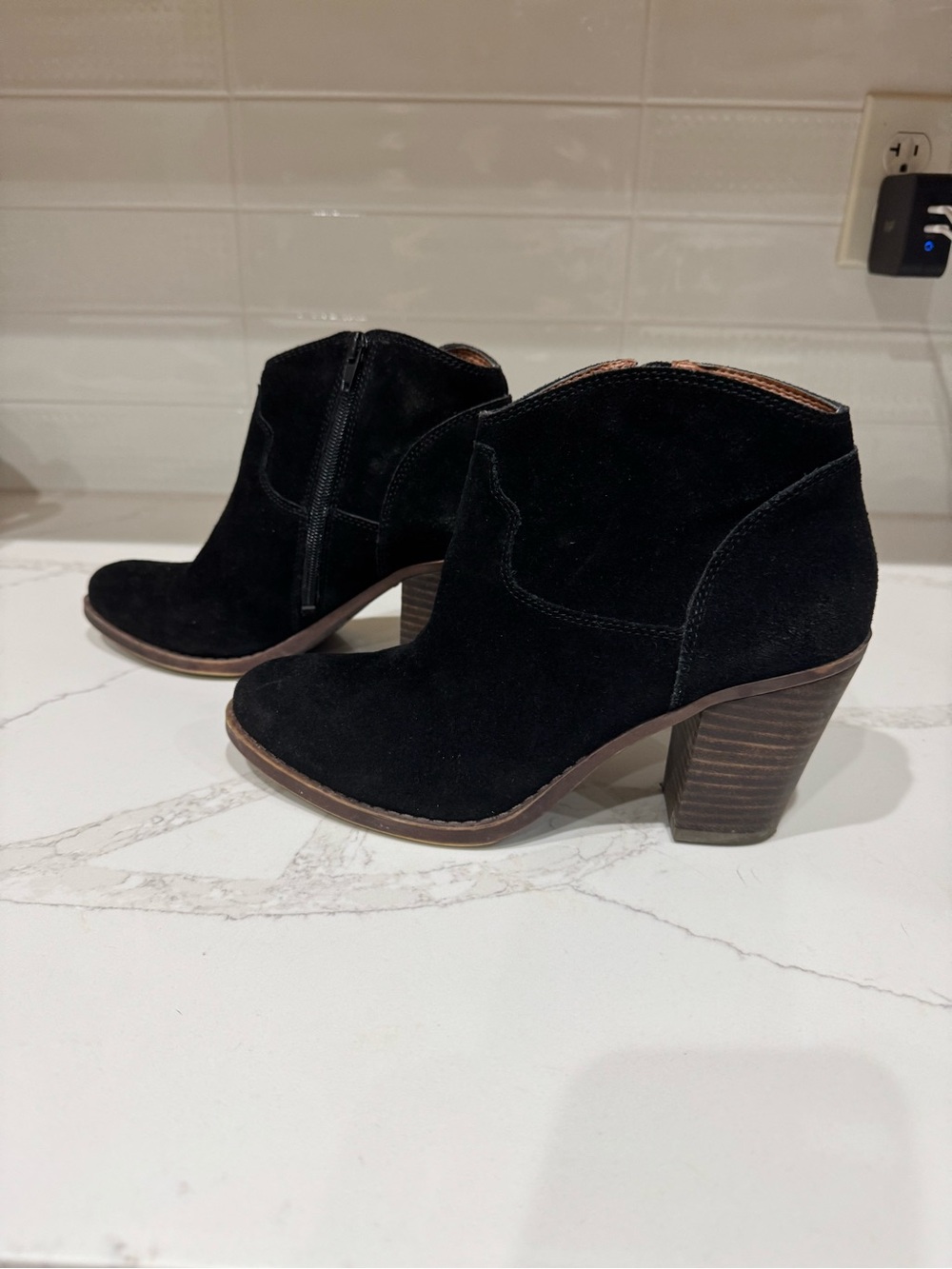 Lucky Brand Black Suede Stacked Heel Ankle Booties